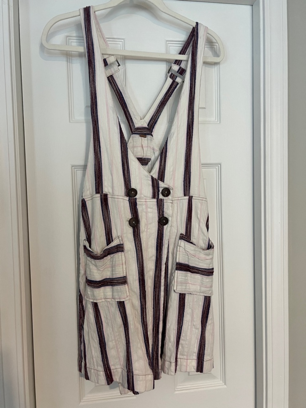 Free People Striped Cream, Brown and Pink Mini Overall Dress